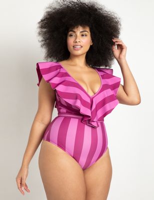Ruffle Shoulder Swimsuit with Belt